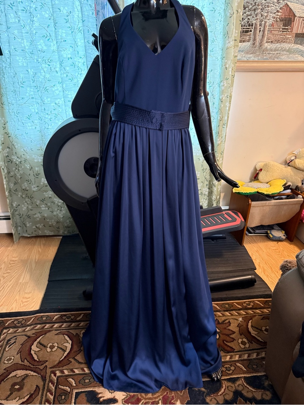 Vera Wang Deep Navy V-Neck Maxi Gown with Textured Waistband